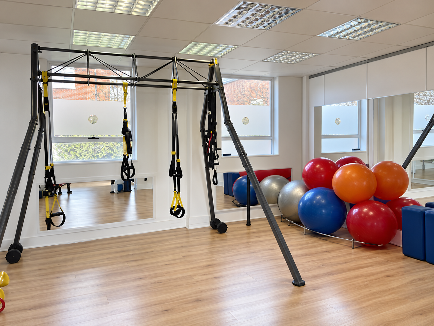 Suspension trainer frame and exercise balls in the private personal training studio in Reigate