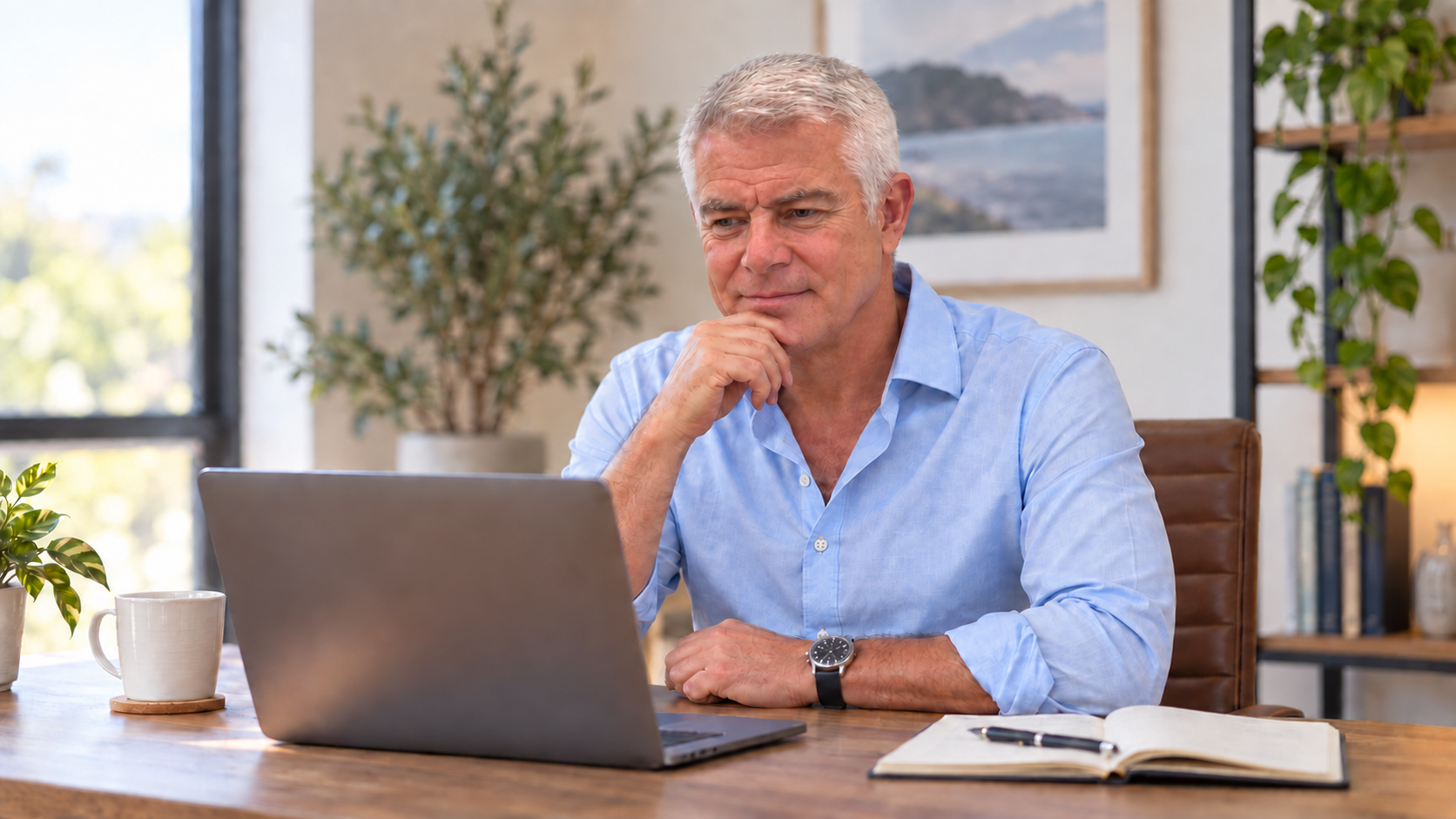 A man in his late fifties reading health and fitness advice for over 50s on a laptop at a bright desk