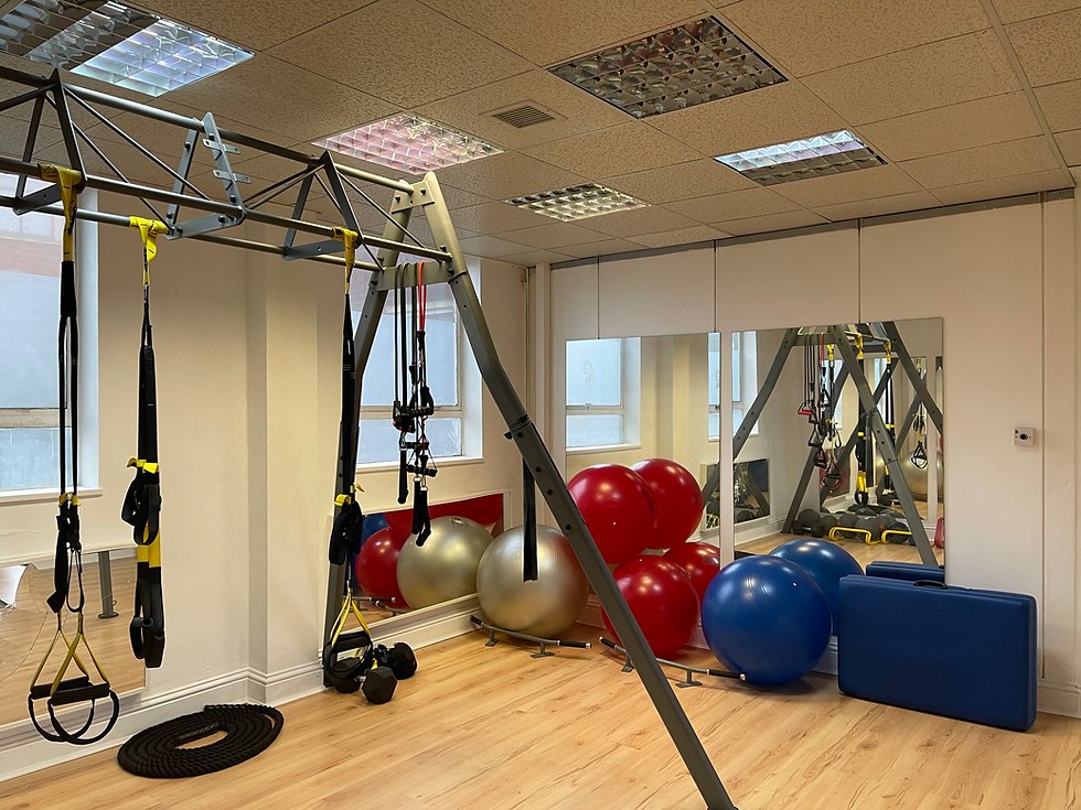 Suspension trainer, kettlebells and mirrors in the private personal training studio in Reigate